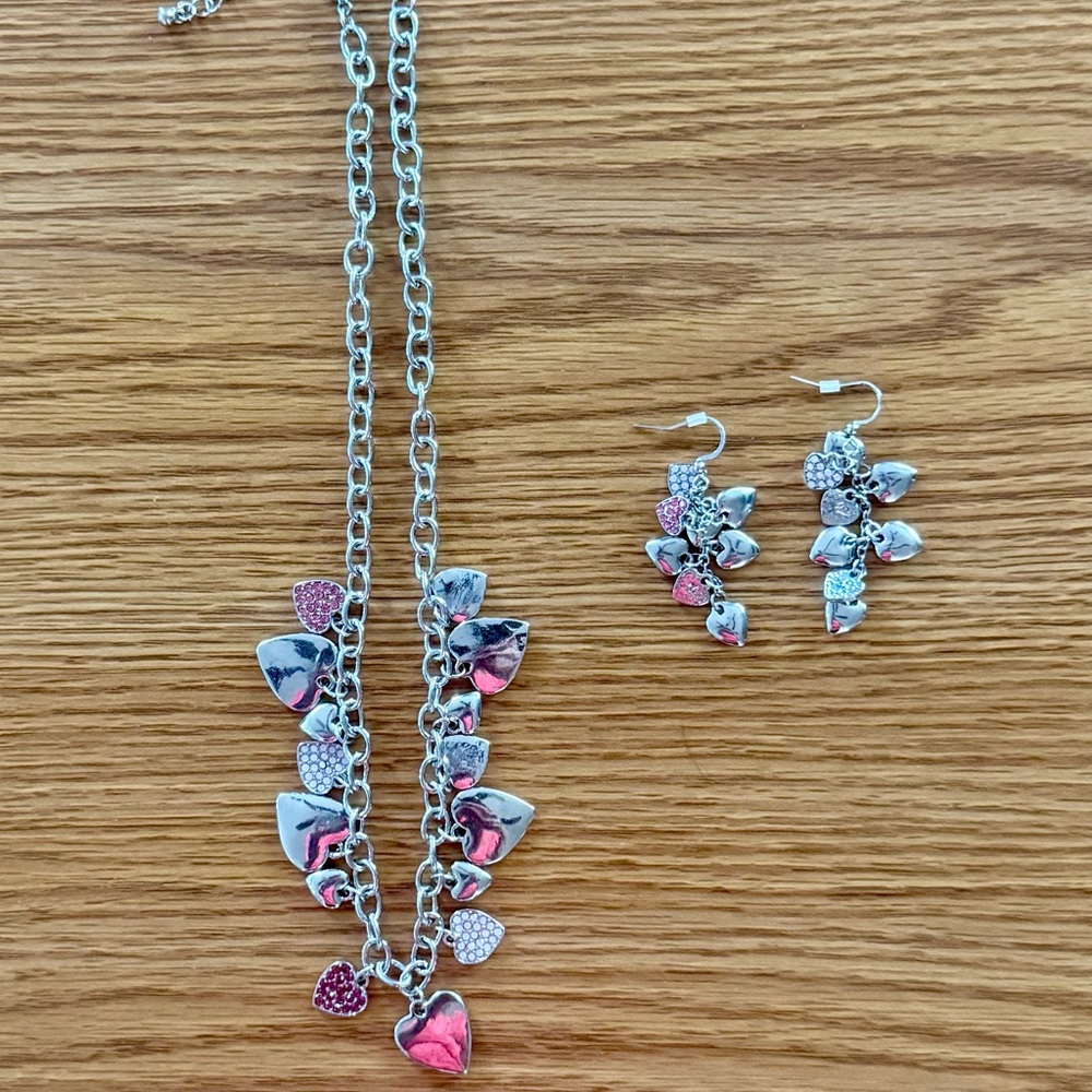 Heart Charm Necklace Earrings Set Pink Silver Rhinestone Dangle 18” Adjustable